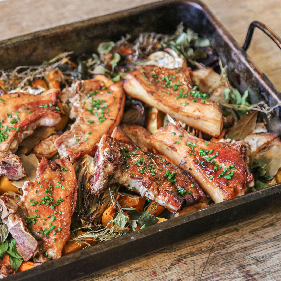 Pork Chops with Apple, Roasted Vegetables and Herbs