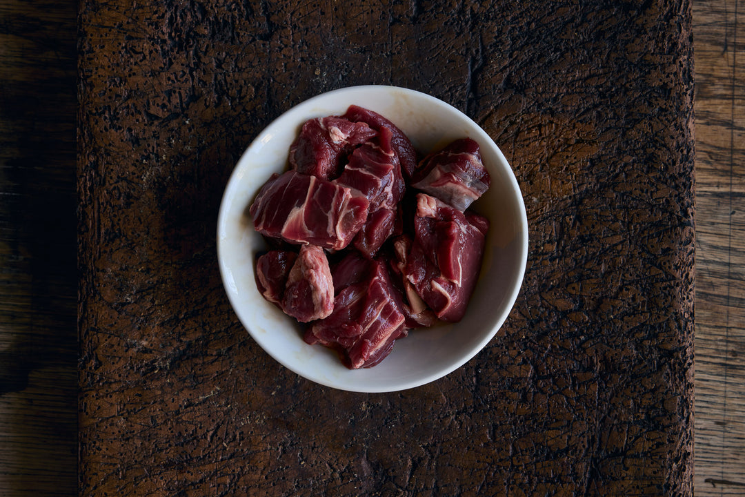 Diced grass fed beef shin in bowl