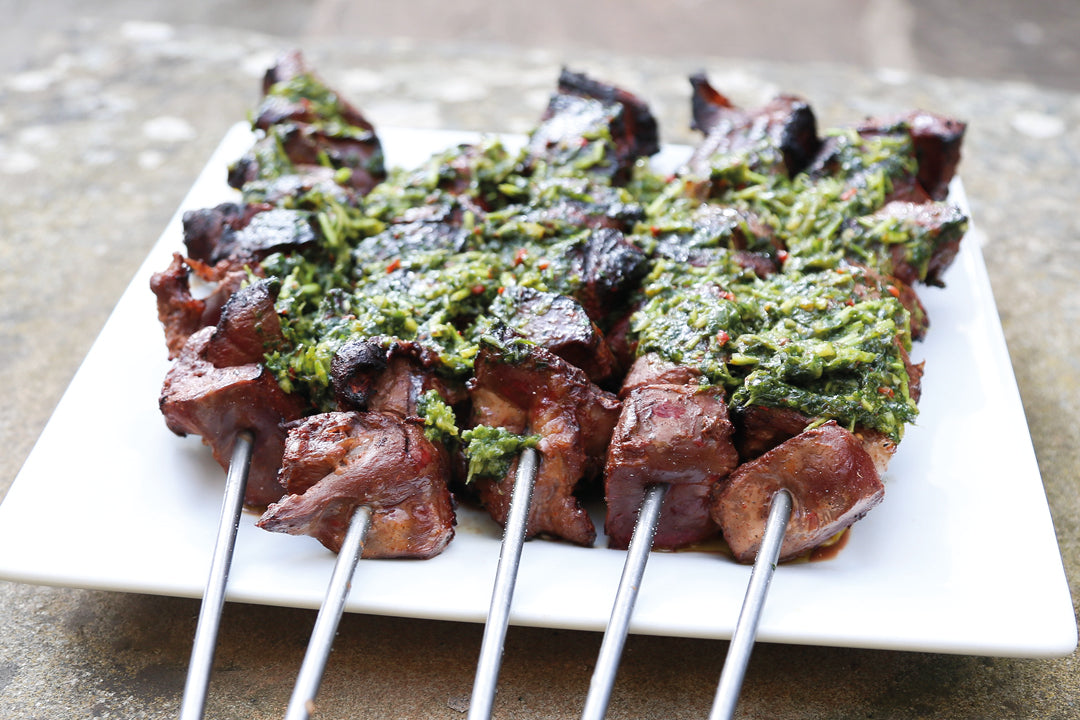 Grilled Ox Heart Skewers, Flatbreads with Burnt Chilli, Garlic and Coriander Butter