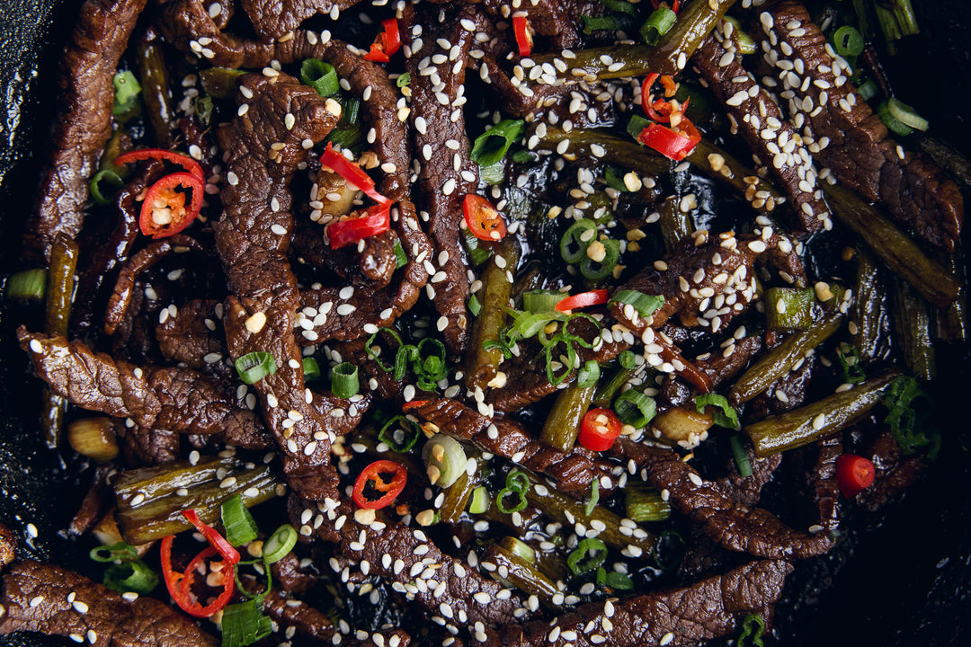 Grass fed beef stir fry strip cooked