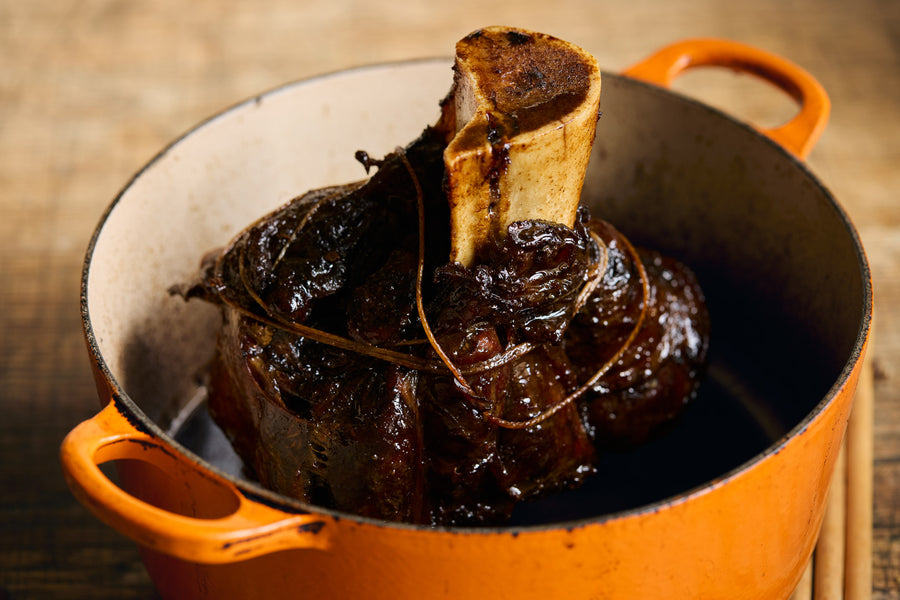 Whole grass fed beef shin cooked