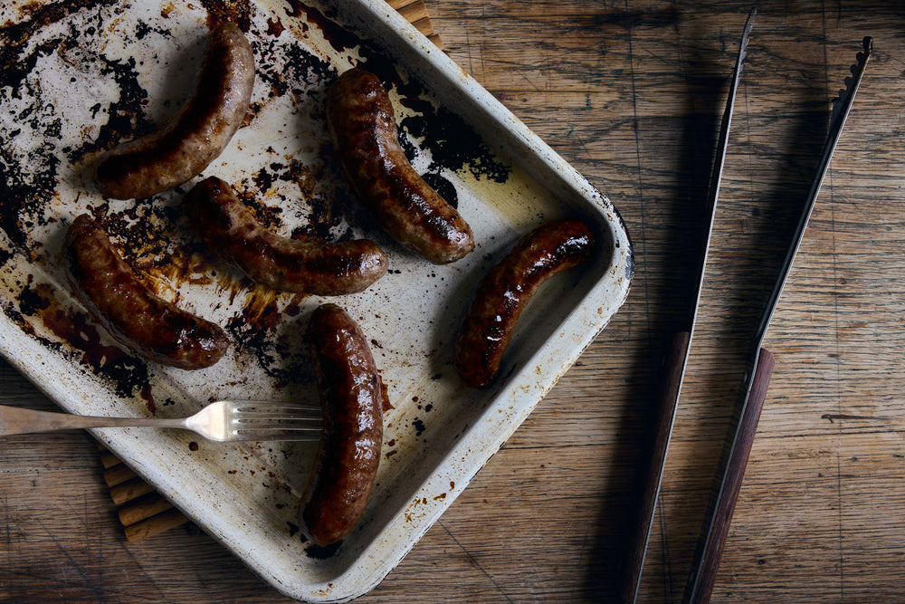Wild venison sausages cooked