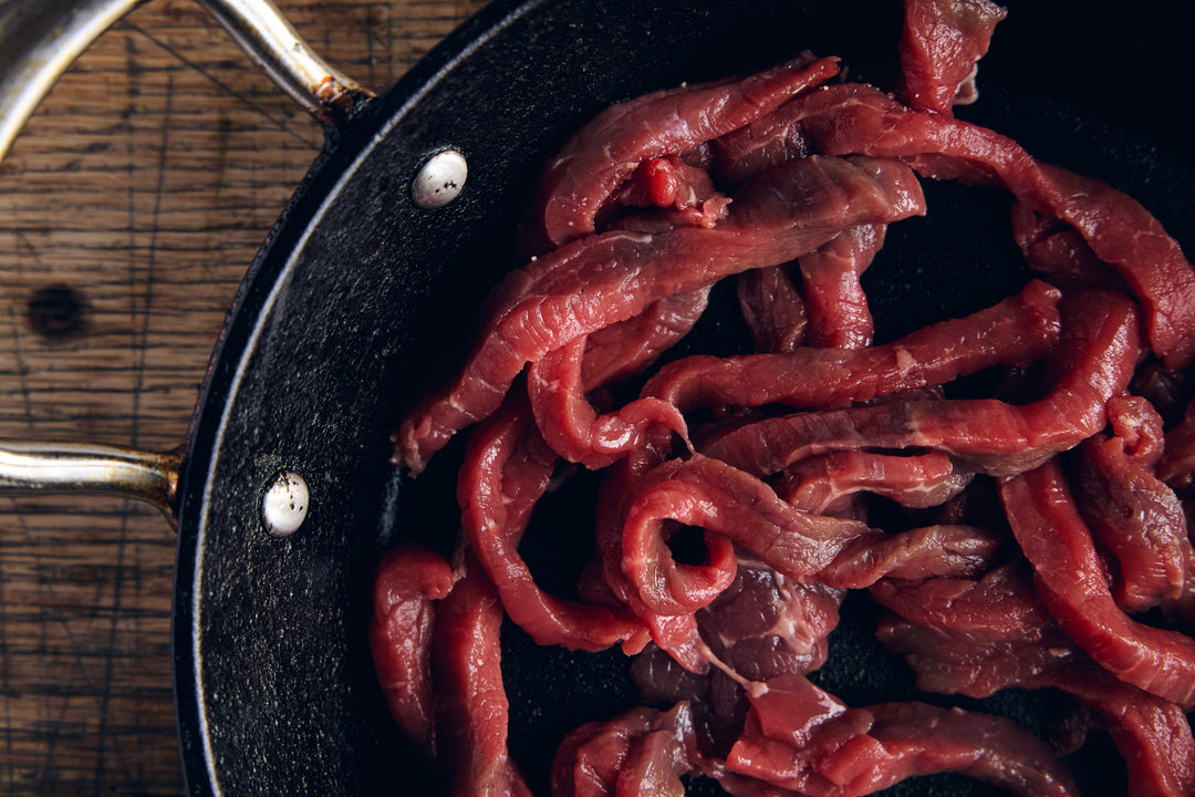 raw Grass Fed Beef stir fry strips